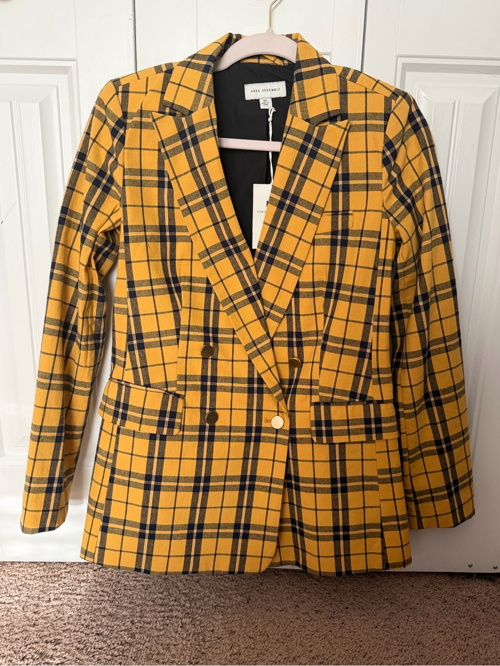 NWT Free Assembly Women's Yellow Plaid Double-Breasted Blazer